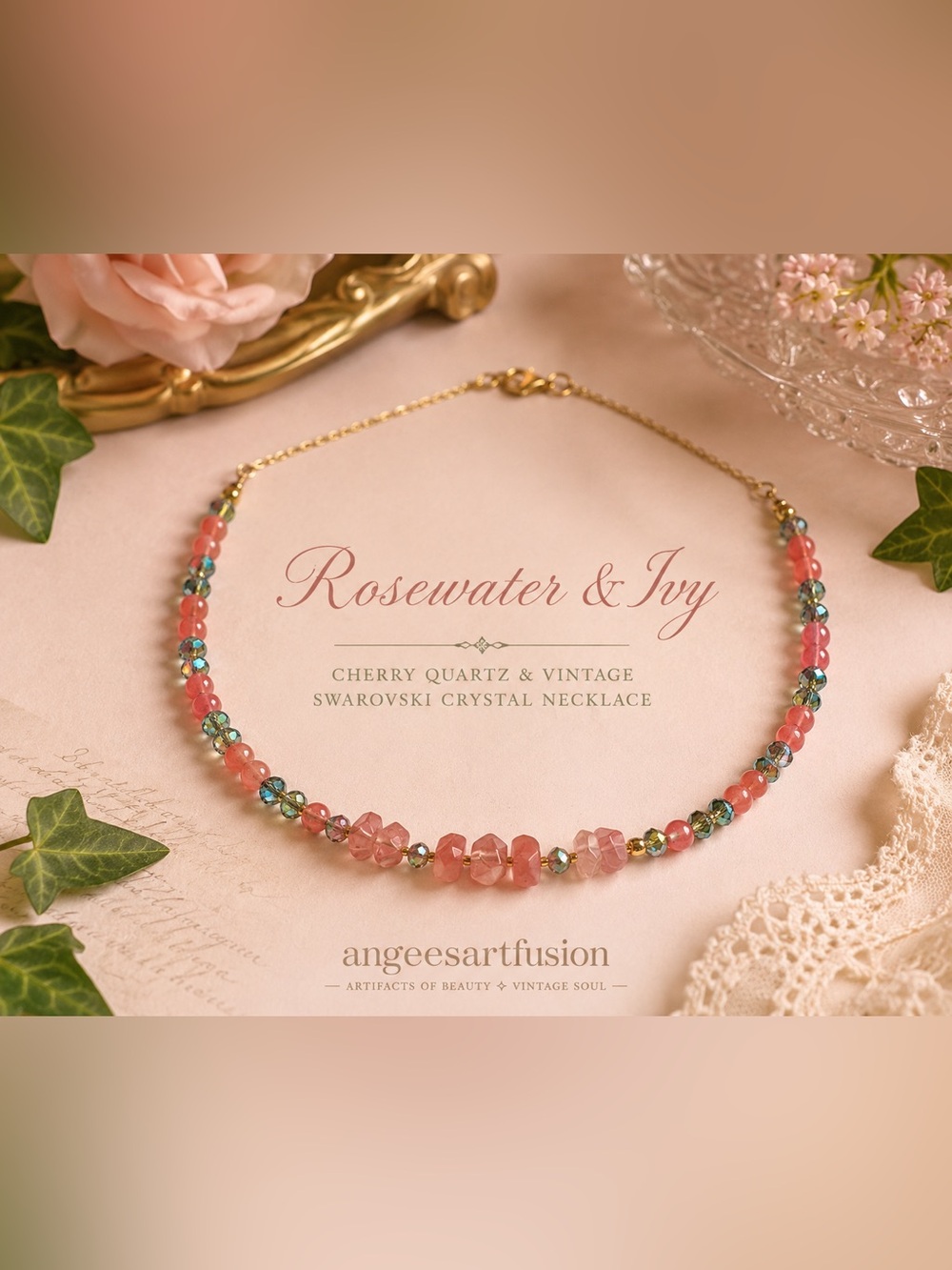 “Rosewater & Ivy” Cherry Quartz Vintage Swarovski Beaded Necklace